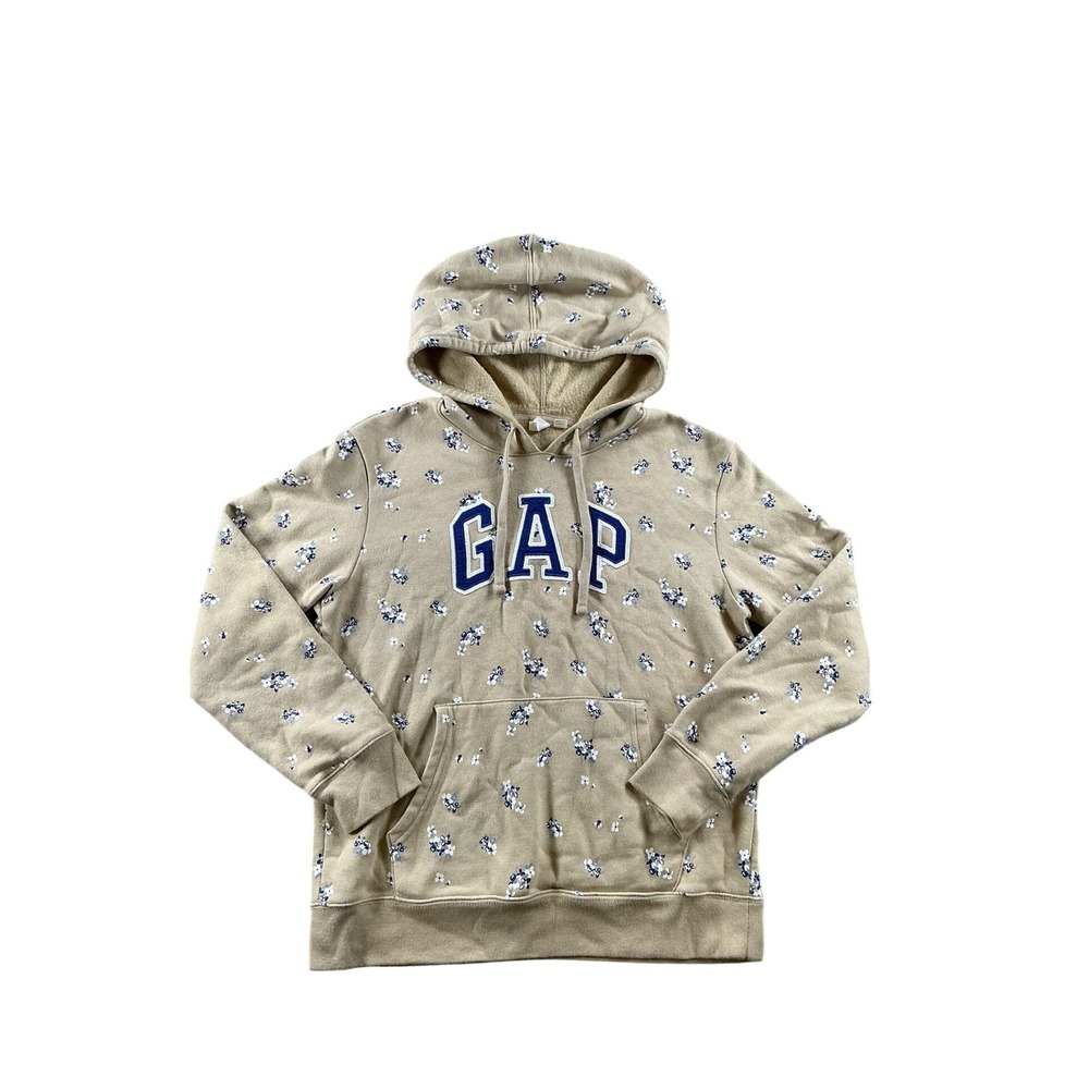 Gap Womens XS Floral Pullover Hoodie Tan Blue White Logo Fleece Sweatshirt